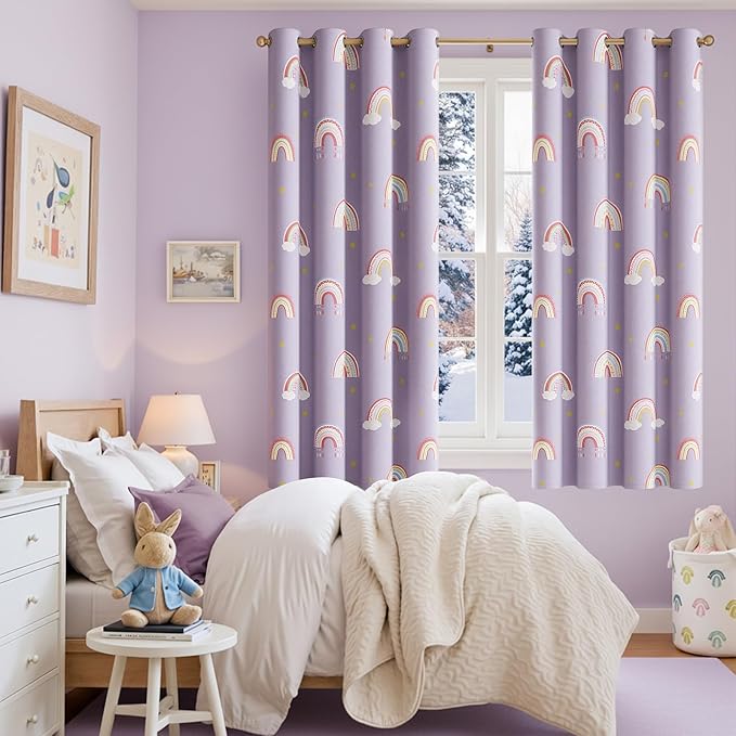 jinchan Nursery Blackout Curtains for Kids Room Rainbow Purple Curtains Cute Girls Bedroom Dorm Playroom Window Treatment Grommet Thermal Insulated Room Darkening 2 Panels 63 Inch Length