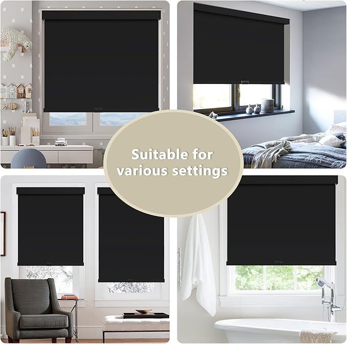 Cordless Blackout Roller Shades Blinds for Windows Free-Stop,Pull Down Room Darkening with Valance,Thermal Insulated Woven Fabric Window Door Blinds for Home,Office,Black 48" W x 72" L