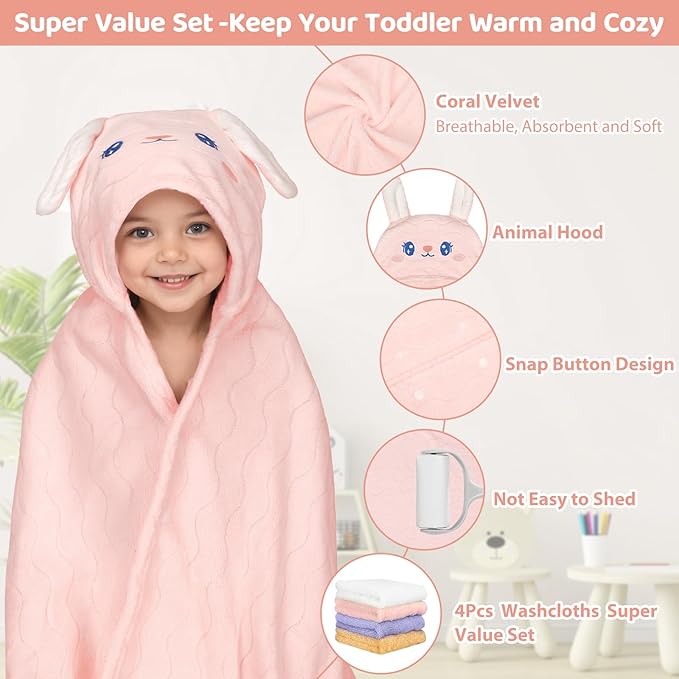 6 PCS Toddler Bath Towel Set for Boy Girl 0-5 Year, 2 PCS Thick Absorbent Hooded Baby Bath Towels Large 55" x 27.5" & 4 PCS Washcloths, Ultra Soft Gift for Infant, Toddler, Kids, Rabbit & Elephant