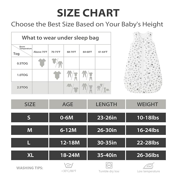 Mosebears Sleep Sack Baby Winter Wearable Blanket with 2-Way Zipper,2.5 TOG Cotton Sleep Sack Unisex (White Star, 0-6 Months)