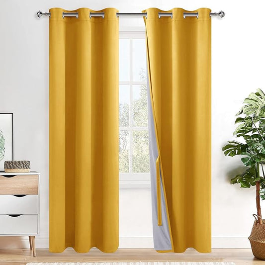 XWZO Full Shading Blackout Curtains 84 Inches Length - Heat and Light Blocking Ring Top Window Drapes with Black Liner Backing for Bedroom, Tiebacks Sewn, Yellow, W42 x L84, Set of 2 Panels