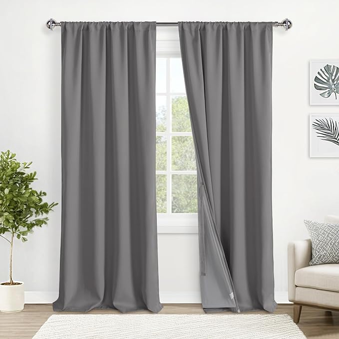 XWZO 100% Blackout Curtain Panels - Rod Pocket & Back Tab Thermal Insulated, Noise Reducing and Heat Blocking Drapes for Hall and Studio Windows with Tiebacks, Grey, W52 x L95, Set of 2