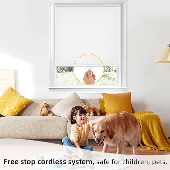 ChrisDowa Cordless Free-Stop 100% Blackout Blinds for Windows, Roller Windows Shades with Thermal Insulated, UV Protection Fabric for Living Room, Office and Home. Easy to Install.White,40" W X 72" H