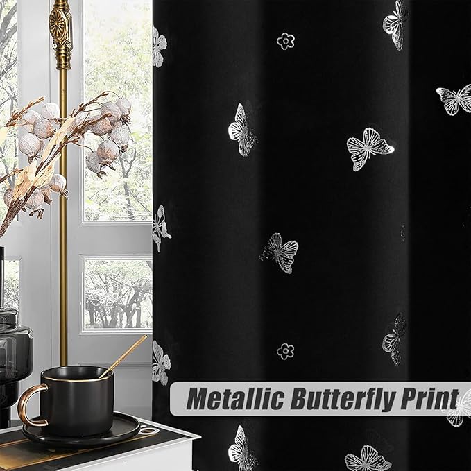 Jubilantex Black Metallic Silver Butterfly Blackout Curtains 54" Long for Small Window Girls Bedroom Nursery Window Curtains,Grommet Top 2 Panels