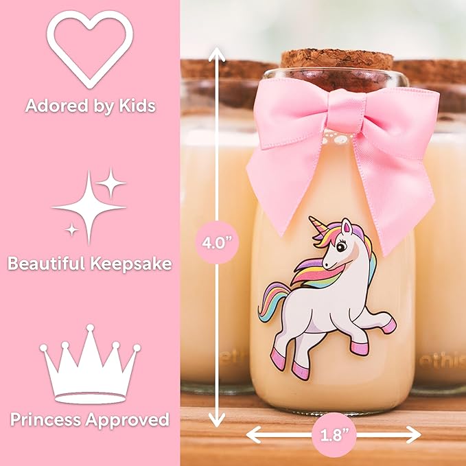 Ethisa 12 Pack Unicorn Party Favor Glass Bottles with Pastel Ribbons - Vintage Birthday Unicorn Party Favors for Girls and Table Centerpieces Decorations - Sturdy Rainbow Theme Candy Jar