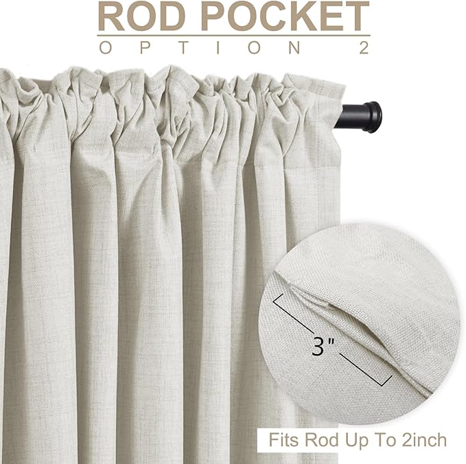 100% Blackout Shield Linen Blackout Curtains for Bedroom 63 Inches Long, Back Tab/Rod Pocket Living Room Drapes, Thermal Insulated Blackout Curtains 2 Panels Set, 50" W x 63" L, Off White