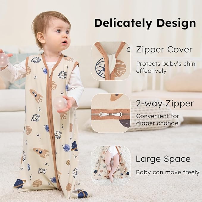 FIEMOL Baby Sleep Sack 6-12 months, 100% Cotton Sleeping Sack for Newborn and Infant, 3 Pack Baby Wearable Blanket for Boy and Girl, 0.5 Tog Lightweight Double Zipper Sleep Bag Coffee Dinosaur Planet