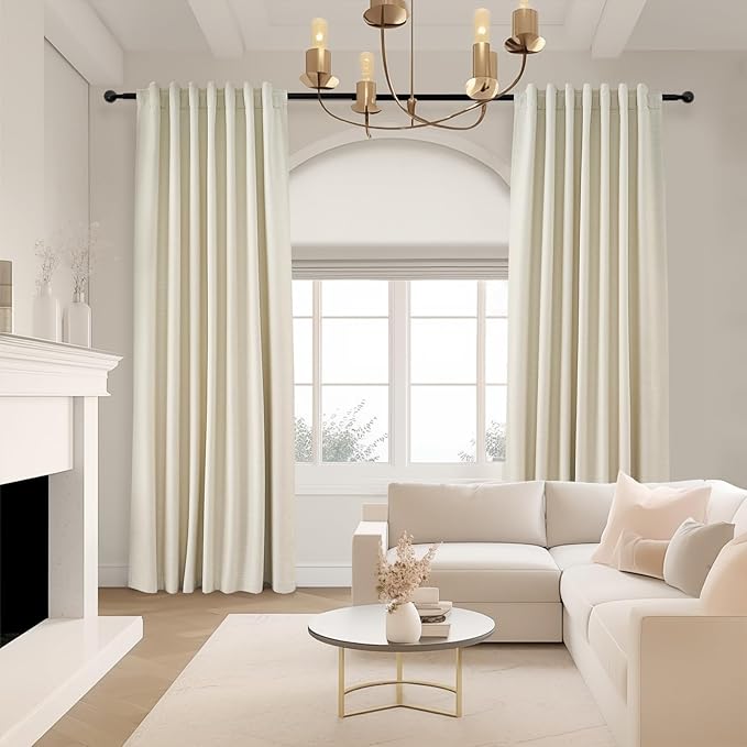 Topfinel 100 Inch Long Ivory White Black Out Custom Drapery Panels, Ceiling Neutral Country Opaque Window Coverings, Sun Blocking Back Tab Modern Heat Blocking Back Tab Curtains for Bay Window