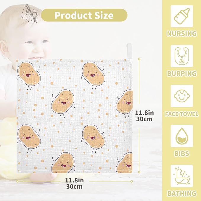 vvfelixl Baby Muslin Washcloths Kawaii Potatoes Baby Burp Cloths Cotton Baby Face Towel for Newborn Infants Boys Girls Soft and Absorbent 11.8 X 11.8 in, 3 Pack