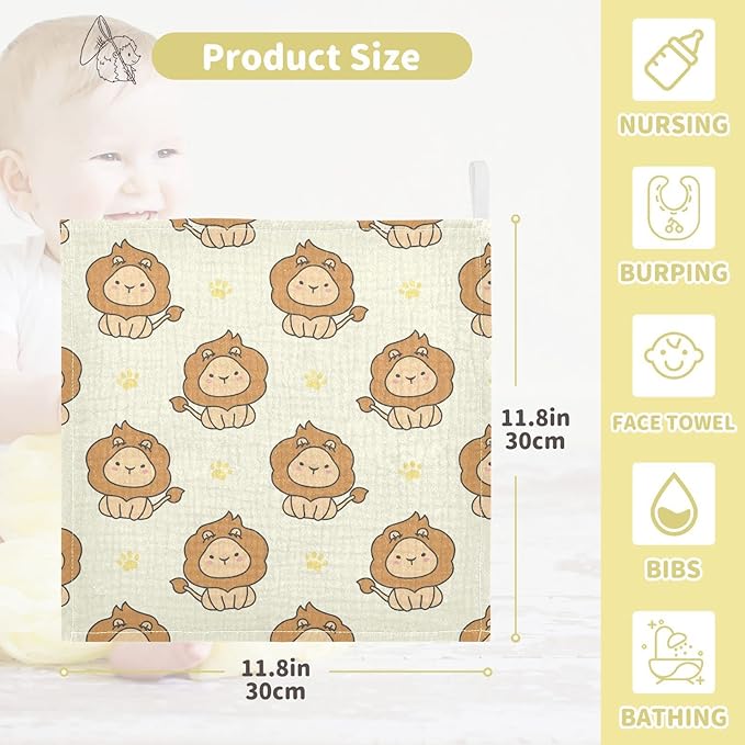 vvfelixl Baby Washcloths Cotton Cute Lion Baby Muslin Washcloths Soft Baby Face Towel for Newborn Infants Baby Wipes, 11.8 X 11.8 Inch, 5 Pack Yellow