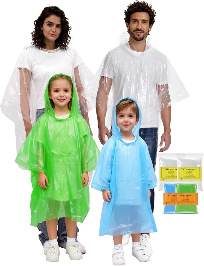 Rain Ponchos for Adults, Kids & Family - 4, 8, 9 & 16 Pack Options - Extra Thick, Tear-Resistant with Hood