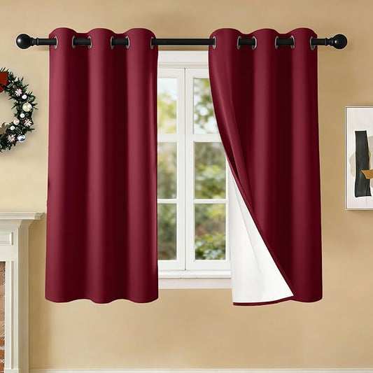 100% Blackout Curtains 54 Inch Length for Bedroom Living Room, Grommet Thermal Insulated Room Darkening Drapes, Light Blocking Window Treatment Decor, 2 Panels, 37x54, Burgundy Red