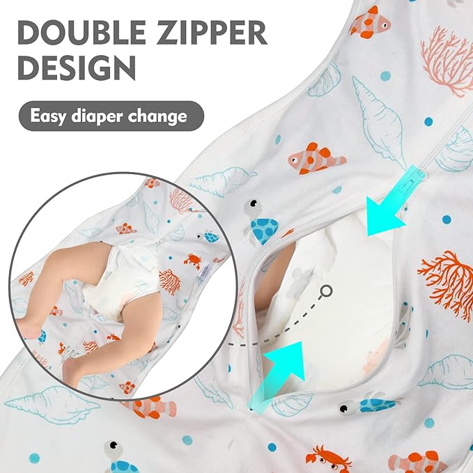 Baby Transitional Swaddle Sleep Sack - Swaddles for Newborns, Cuff Removable Arms Up Design, Free Wearable Blankets with 2-Way Zipper, Underwater World (3-6 Month)