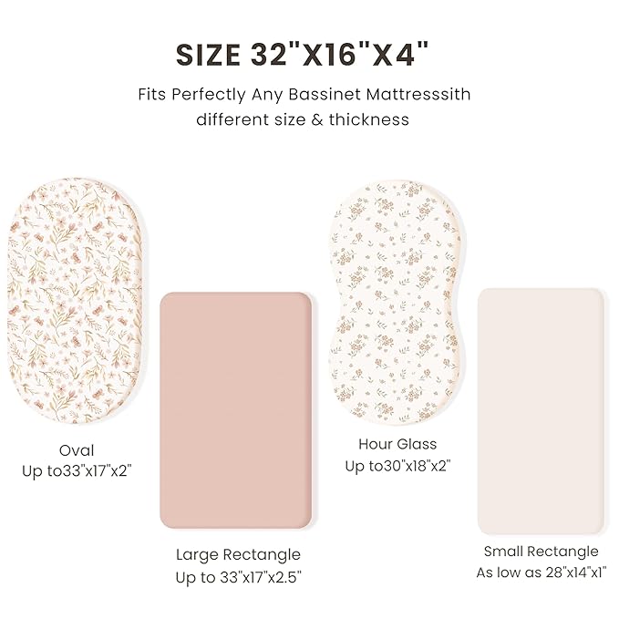 Konssy 3 Pack Stretchy Bassinet Sheets for Baby Girl Boy, Soft Breathable Baby Bassinet Mattress Sheets Fit for Hourglass Oval Cradle, Moses Basket Rectangle Mattress (Blossom)