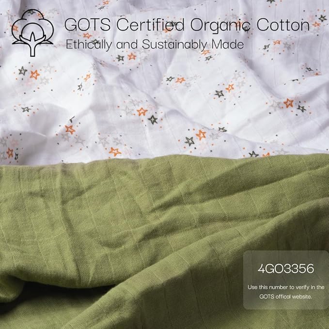 Salt Earth 100% Organic Cotton Muslin Standard Fitted Crib Sheet, 52"x28", 2 Pack Soft Breathable Natural Cotton Sheets Baby Mattress Bed Sheets, No Slip Neutral Baby Crib Sheet (Green & Star)
