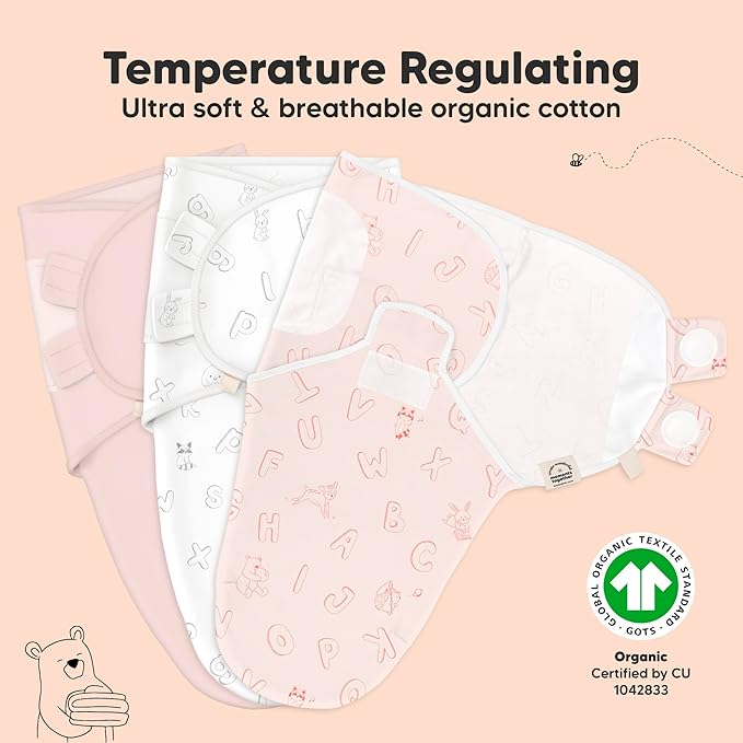 3-Pack Organic Baby Swaddle Sleep Sacks - Swaddles for Newborns, Infant 0-3 Months, Baby Girls, Boys, Soft & Snug Newborn Sleep Sack, Nursery Swaddling Blankets (ABC Land Rose)