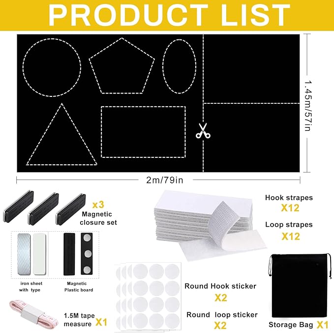 100% Blackout Shades Curtains for Bedroom 57x 79Inch,No Drill,Portable,DIY Cut,Removable,Black Out Blinds Window Cover for Baby Nursery,RV,Media Room,Hook Loop Tape Straps Stickers,Magnetic Clips