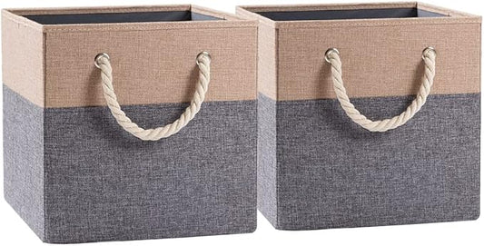PRANDOM Large Foldable Cube Storage Bins 11x11 inch [2-Pack] Fabric Linen Storage Baskets Cubes Drawer with Cotton Handles Organizer for Shelves Nursery Closet Bedroom Khaki