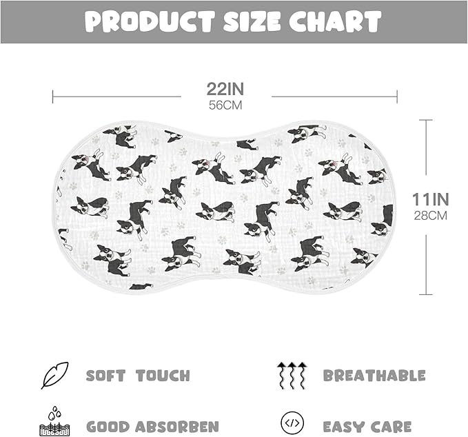 Qinllo 2 Pack Muslin Burp Cloths Boston Dogs Paw White Cotton Baby Burp Cloths Ultra Absorbent Soft Thick Burping Cloth for Baby Boys Girls 22x11 Inch