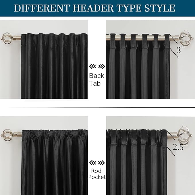 PRIMROSE Black Curtains 72 inch for Living Room Velvet Drapes Blackout Rod Pocket Back Tab Window Treatment Semi Room Darkening Decor Curtains for Bedroom Set of 2 Panels