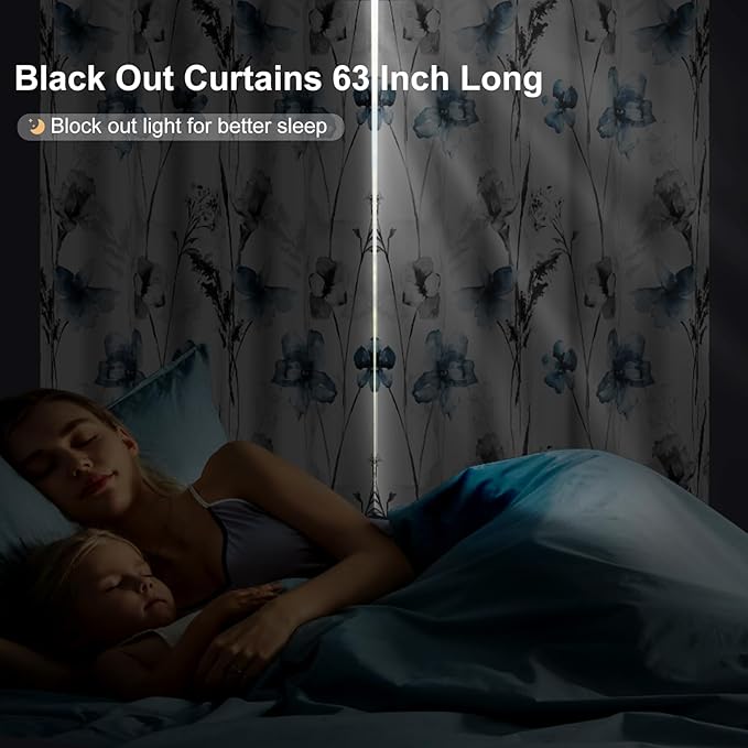 Watercolor Blue Floral Blackout Curtains for Bedroom and Living Room, Grommet Light Filtering Black Out Window Curtains 63 Inch Long 2 Panel Sets, Room Darkening Thermal Curtains for Winter Insulated