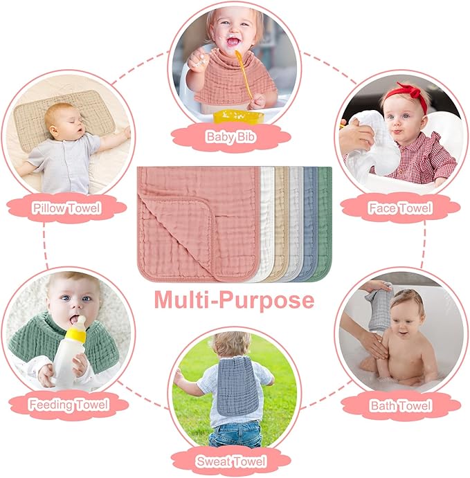 Accmor 6 Pack Muslin Burp Cloths 100% Cotton 20''x10'' Large Extra Soft and Absorbent Baby Burping Cloth for Boys Girls