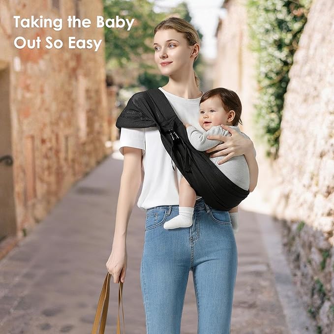Baby Sling Carrier, Toddler Sling Carrier with Wide Shoulder Strap, Lightweight Baby Carriers Newborn to Toddler Infant Wrap Carriers Perfect for Mom and Dad, 7-30lbs, Black Mesh