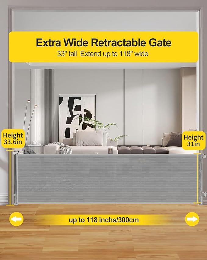 118 Inch Extra Wide Retractable Baby Gate,Mesh Large Baby Gate or Mesh Pet Dog Gate, Opening Wide Extra Long Child Safety Gate for Indoor Baby Fence, Outdoor, Stairs, Deck (Grey)