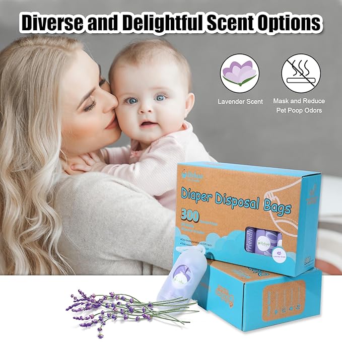 USBOO Disposable Diaper Bags for Baby, 20 Refill Rolls (300 Pack),Baby Poop Bags with Dispenser, Essential for Travel and Quick Change on The Go, Purple and Lavender Scented