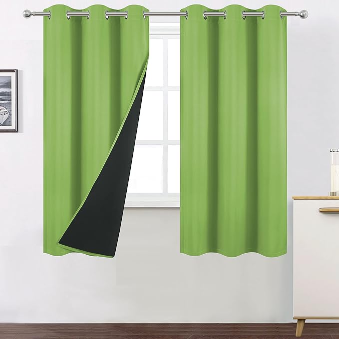 LEMOMO 100% Blackout Curtains 40 x 63 Inch/Light Green Curtains 2 Panels with Black Liner/Double Layer Full Room Darkening Bedroom Curtains