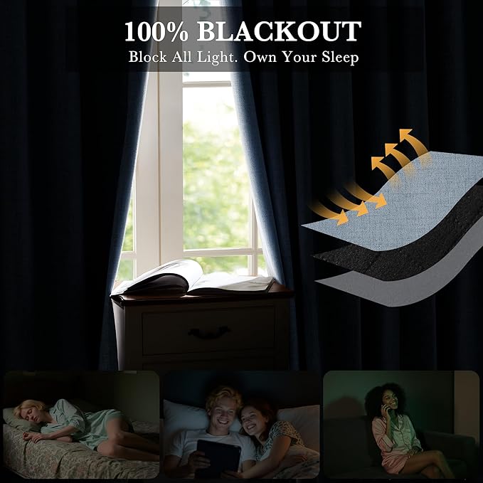 RYB HOME Smoky Blue Linen 100% Blackout Curtains for Bedroom 52 Width 120 Long, Thich Elegant Extra Long Drapes for Modern/Vintage/Farmhouse Home Decor, Thermal Insulated Window Treatment, 2 Panels