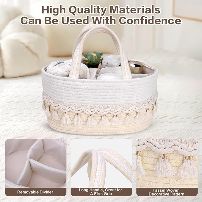 Diaper Caddy Organizer, Stylish Nursery Storage Basket, Baby Shower Basket with Tassel Decorative Appearance, Portable Storage Basket Suitable for Family and Car Travel