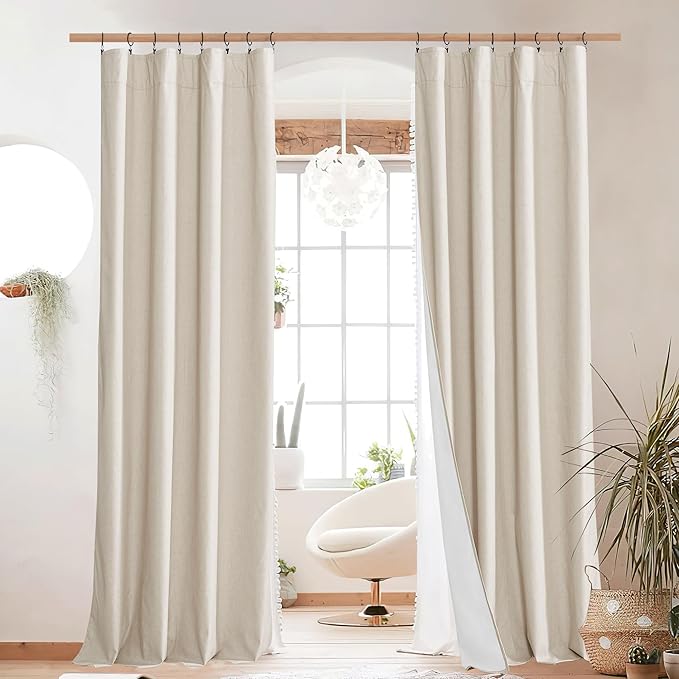 NICETOWN 100% Blackout Linen Curtains for Bedroom with Thermal Insulated White Liner, W52 x L95, 2 PCs, Beige, Long Drapes Sweep The Floor Decorative Keep Privacy Panels for Living Room/Villa