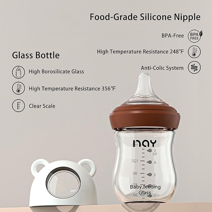 yanyoyo Natural Glass Baby Bottle for Breastfeeding Babies, 5.4oz Anti-Colic Baby Bottle with Natural Response Nipple(S), Clear, Wide Neck, 2 Pack, 1 Months+