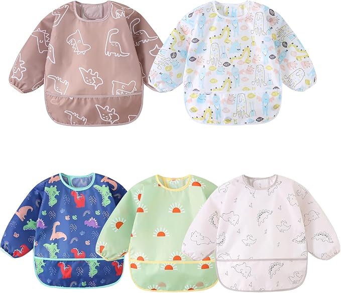 Hafftnun Long Sleeved Bibs,5 PCS Waterproof Wearable Bibs with Sleeves,Baby Feeding Smock 6-30 Months