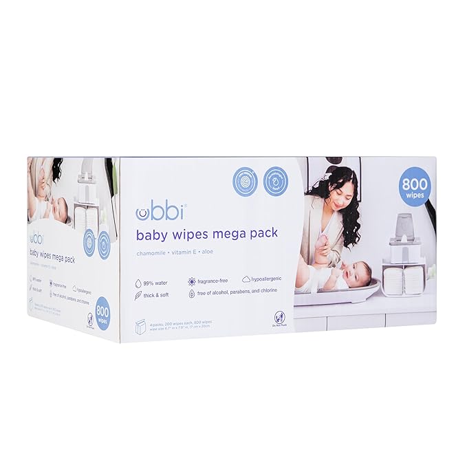 Ubbi Fragrance-Free Baby Wipes, 99% Water Based, Plant Based Wipes, Hypoallergenic for Sensitive Skin with Chamomile, Vitamin E & Aloe, EWG Verified, Value Pack, 800 Count