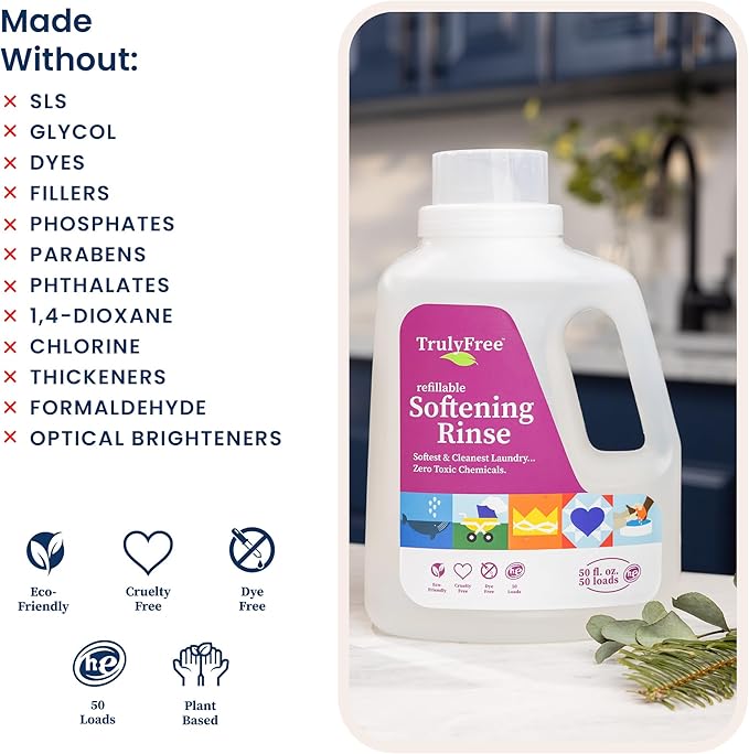 Truly Free Natural Fabric Softener | Plant-Based | Non-Toxic for Babies & Kids Sensitive Skin | Unscented Eco-Friendly Fabric Softener Conditioner | Safe, Gentle & Chemical-Free