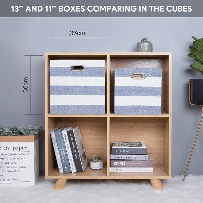 Posprica Collapsible Storage Bins,13×13 Fabric Storage Cubes Basket Containers Drawers for Nurseries,Offices,Closets (Set of 4, Blue-white Striped)