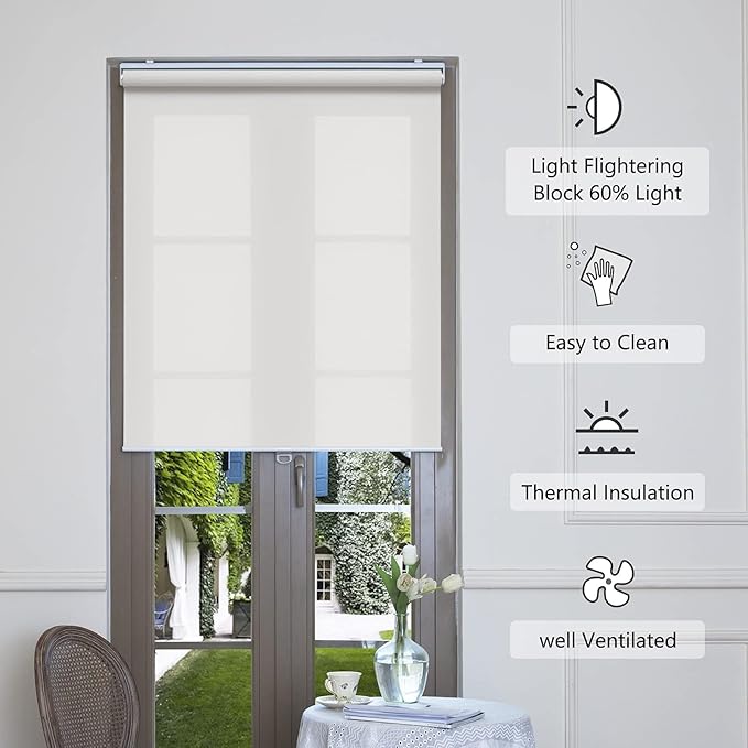 AOSKY Cordless Roller Shades for Windows Light Filtering Shades with 5% Openness Solar Screen Semi Sheer Roller Blinds UV Protection for Office and Home. Easy to Install 60" W x 72" H (White)