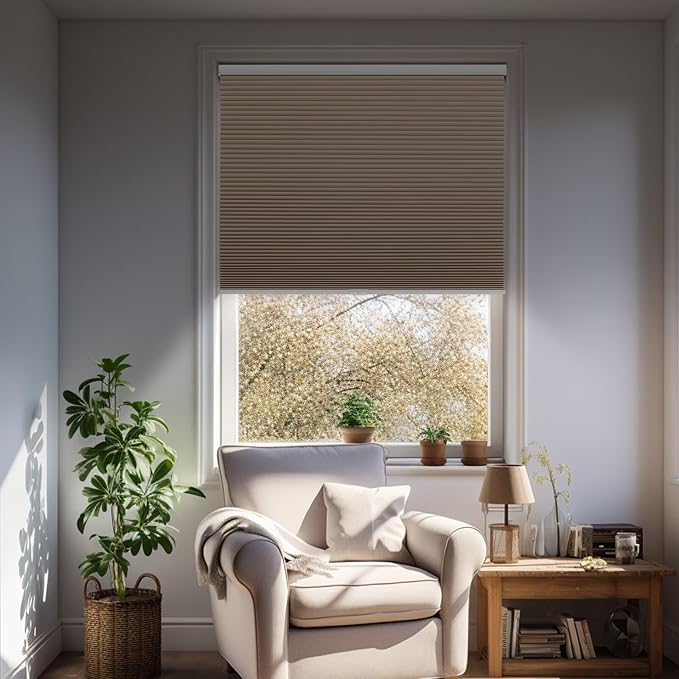 Changshade Blackout Blinds, Cordless Cellular Shades, Honeycomb Blackout Shades, Room Darkening Blinds, Pull Down Window Shades, Easy to Install Honeycomb Window Blinds for Home&Office, Light Brown