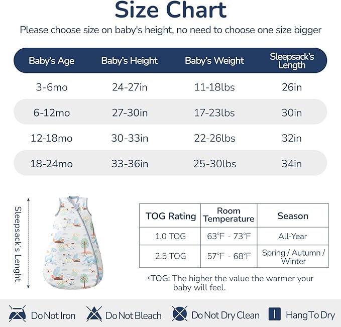 usbettas 1.0 Tog 2.5 Tog Baby Sleep Sack, 100% Cotton Baby Sleeping Bag 3-24M, 2-Way Zipper Baby Wearable Blanket