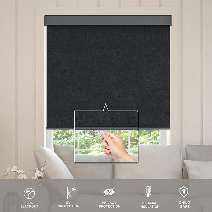 Blackout Roller Shades Blinds for Windows, Free-Stop Cordless Roller Shades with Valance, Thermal Insulated Fabric Window Blinds UV Protection for Home, Bedroom, Black, 25.5" W x 72" H