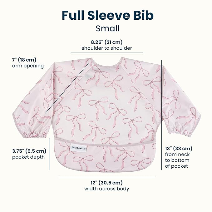 Tiny Twinkle Long Sleeve Bib for Babies & Toddlers | Waterproof Smock Bib for Eating | Machine Washable & Mess-Proof Feeding Essentials | Newborn Shower Gift (Bows, Small 6-24 Months)