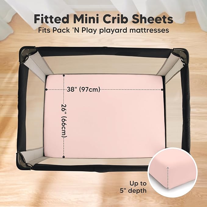 2 Pack and Play Sheets, Waterproof Mini Crib Sheets Fitted - 38x26 Organic Cotton Pack N Play Sheets for Graco Pack and Play Mattress, Playard Baby Crib Sheets, Neutral for Boy, Girl, Toddler (Cameo)