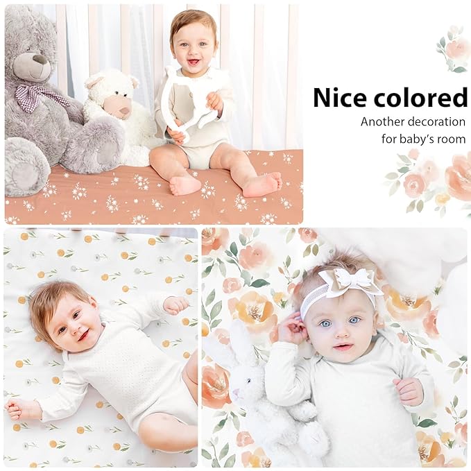 Baby Mini Crib Sheets Girl, Portable 38”x26” Pack and Play Sheets Fitted for Playard and Pack N Play Mattress, 3-Pack Soft Microfiber Orange Watercolor Flower