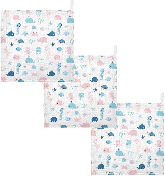 vvfelixl Baby Muslin Washcloths, Cute Sea Life Burp Cloths, Cotton Face Towel for Newborn Infants Boys Girls Soft and Absorbent 11.8 X 11.8 in, 3 Pack