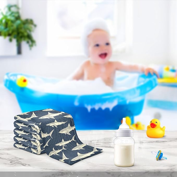 vvfelixl Sharks in Ocean Baby Burp Cloths Baby Muslin Washcloths for Boys Girls Cotton Babys Face Towel for Newborn Infants Soft and Absorbent 11.8 X 11.8 in, 5 Pack