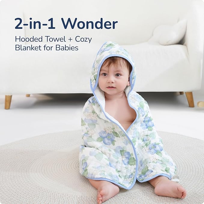 Muslin Hooded Baby Towels 2 Pack, Ultra Soft & Absorbent Baby Bath Towels, Bath & Beach Essentials, Shower Gifts for Newborns, Babies, Infant, Toddler - 32x32 Inch (Floral & Blueberry)