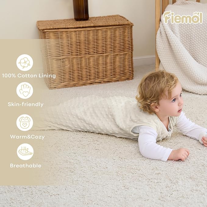 FIEMOL Fleece Baby Sleep Sack 0-6 Months, 1.5 TOG Cotton Baby Wearable Blanket With Soft Plush Dots, 2 Pack Newborn and Infant Warm Sleeping Sack with 2-Way Zipper Blue&Apricot