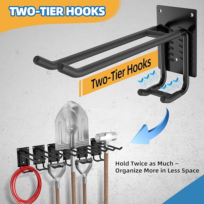 8 Pack Garage Hooks Heavy Duty 10 INCH Two-Tier Steel Shed Wall Mount Workshop Garage Storage Organizer Hooks for Hanging Garden Tool, Hose, Ladder, Chairs, Bikes with Anti-Slip Coating